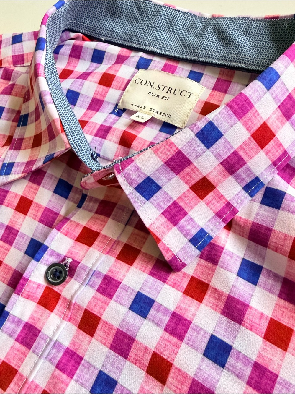 CON.STRUCT Men's XL Slim Fit 4-Way Stretch Gingham Plaid Dress Shirt Pink Blue